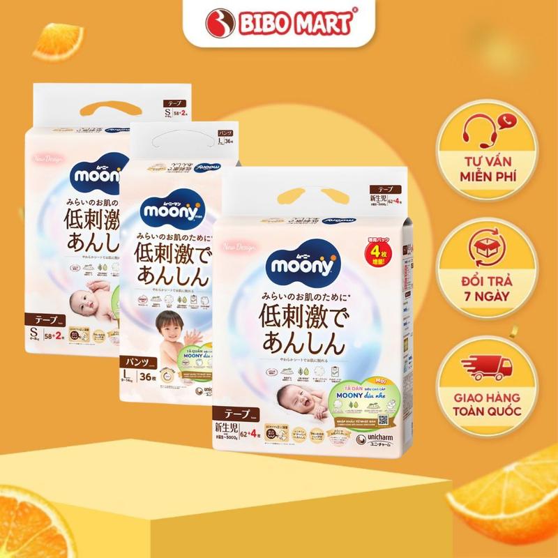  Tã Dán Bỉm Quần Moony Trắng Dịu Nhẹ Natural Cao Cấp Mềm Mại Khô Thoáng Cho Da Nhạy Cảm NB62 S58 M46 L38 XL32 - Bibomart 