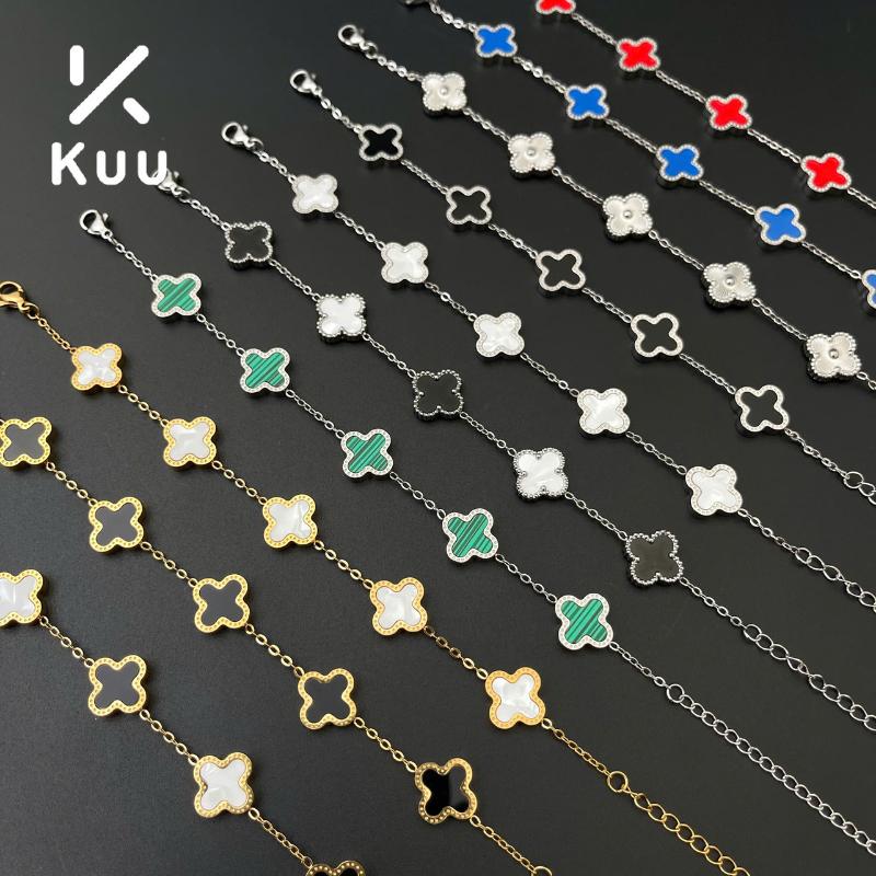 Vòng tay đôi mặt cỏ bốn lá may mắn nhiều màu 22cm chất liệu hợp kim titan chống han gỉ thiết kế 2 màu trắng đen thiết kế mặt đá hoa 4 cánh thời trang Kuu Clothes - Vòng Tay Mala - Phụ Kiện