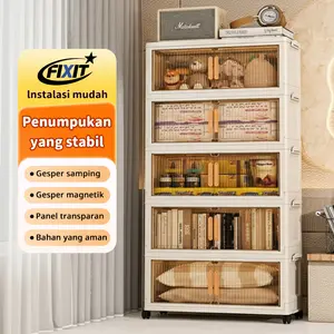 FIXIT Plastik Kotak penyimpanan, lemari lipat bertingkat, lemari penyimpanan berkapasitas besar, tempat penyimpanan makanan ringan rumah tangga, dapur, pakaian, dan mainan. Plastik