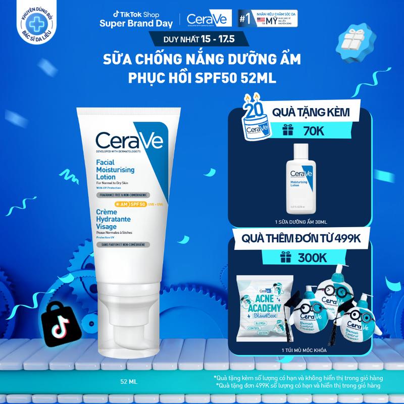   DEAL ĐẶC BIỆT  Sữa chống nắng dưỡng ẩm phục hồi CeraVe AM Facial Moisturising Lotion SPF50 52ml; thấm nhanh giúp phục hồi chuyên sâu giữ da ẩm mịn suốt 48 giờ  DÙNG CHO DA MẶT_ Chăm sóc da_Kem & Sữa dưỡng thể_Skincare cho Nam và Nữ 