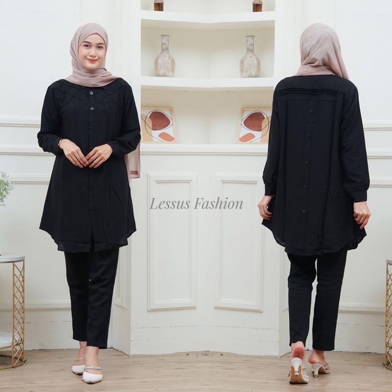Lissa Tunik Opnaisel Polos polo linen kancing depan belakang|| kemeja wanita polos tunik pololinen|| pakaian muslim wanita atasan kekinian 4