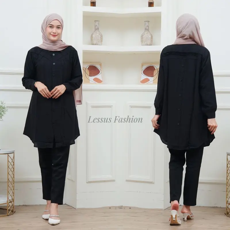Lissa Tunik Opnaisel Polos polo linen kancing depan belakang|| kemeja wanita polos tunik pololinen|| pakaian muslim wanita atasan kekinian 4