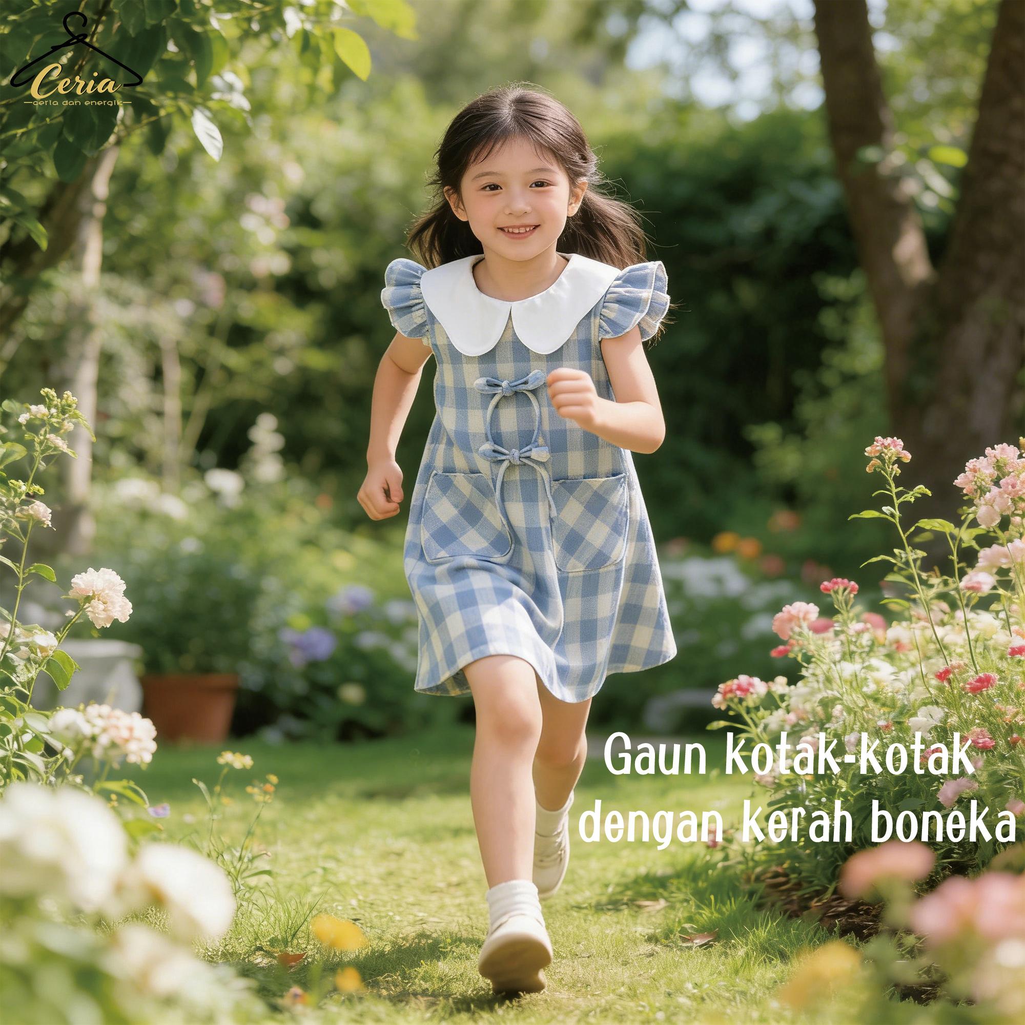 Ceria-Gaun Musim Panas Anak Perempuan / Gaun Rompi Kotak-Kotak Biru Putih Anak Perempuan / Model Kerah Besar dengan Pita