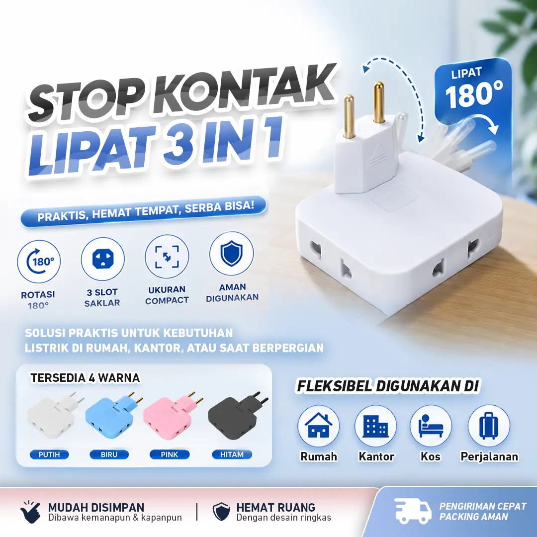 3in1 Stop Kontak Steker Lipat | Colokan Steker lipat | Folding Socket | Power Converter Steker Sambungan | Power Socket Plug In