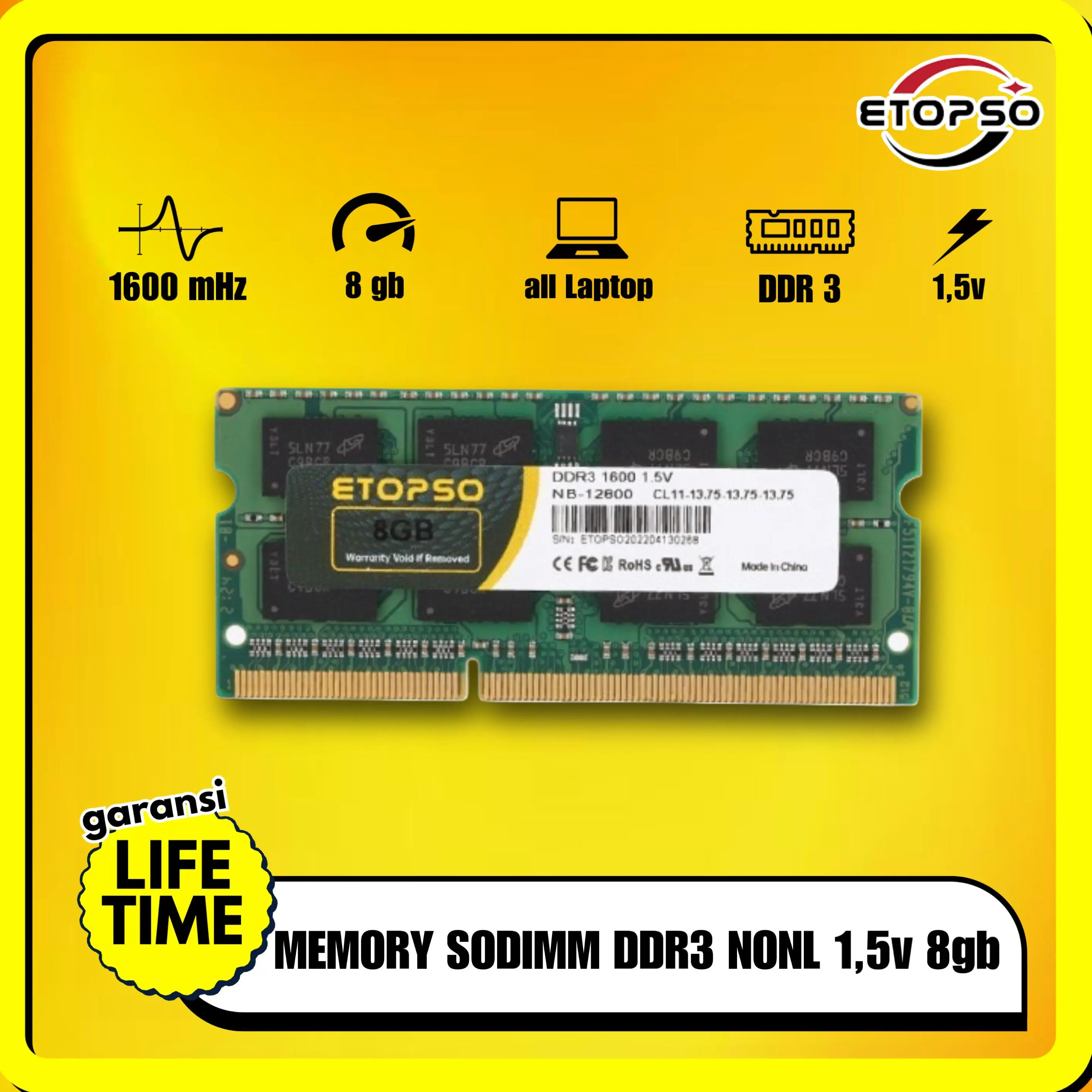 etopso memory sodimm nb laptop ddr3 non L 8gb 1600mhz 1.5V