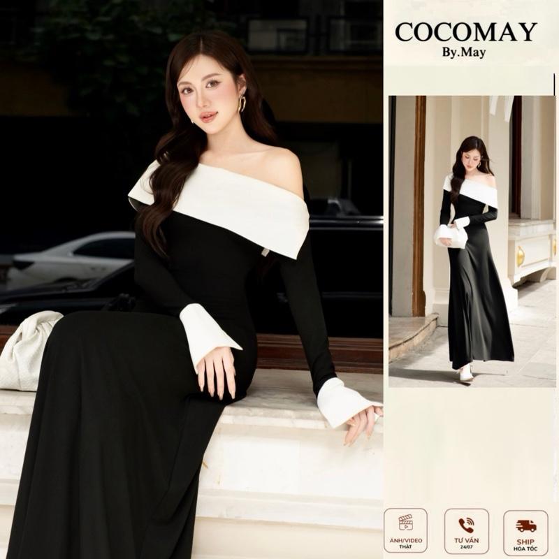 COCOMAY Đầm maxi Đầm Midnight Charm – Thanh Lịch Quyến Rũ Chất liệu thun phối cổ trắng lệch vai
