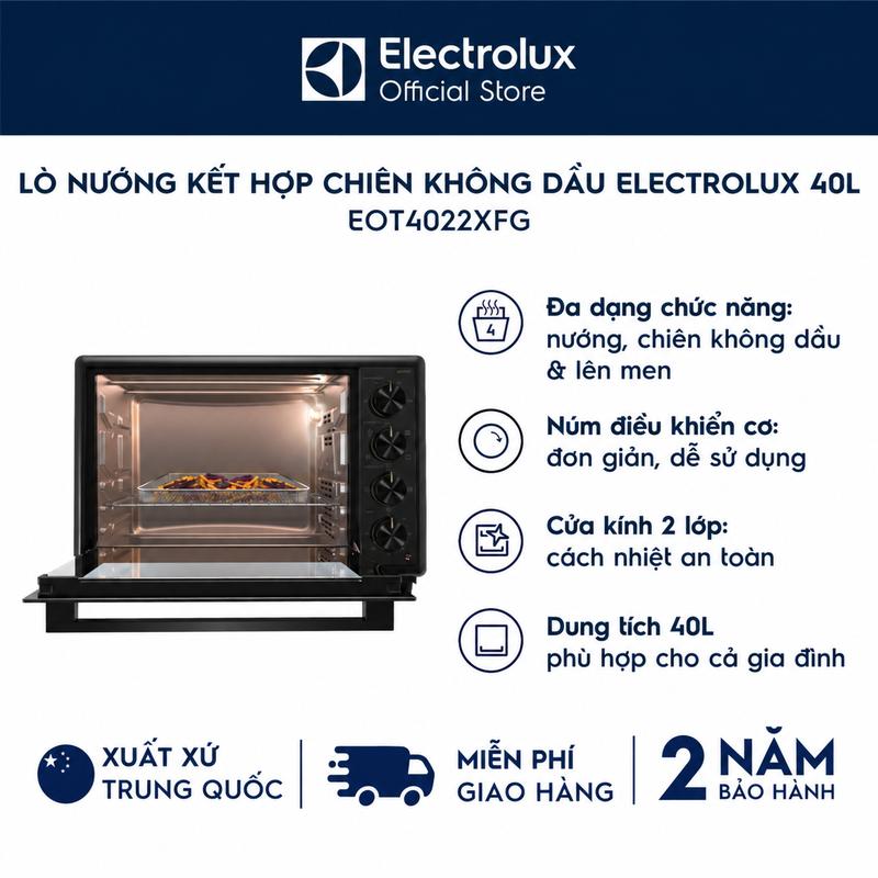 Electrolux Lò Nướng Chiên Không Dầu 40L EOT4022XFG - Đa Năng Nướng, Chiên không dầu, Quay, Lên men, Điều Khiển Cơ, Màu Đen