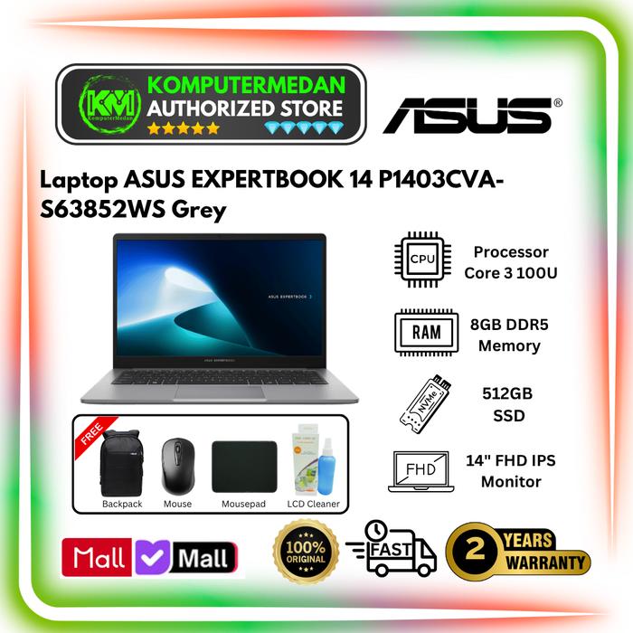 Gambar Laptop ASUS EXPERTBOOK 14 P1403CVA-S63852WS INTEL 3 100U RAM 8G DDR SSD 512G VIPS 14" FHD VIPS Win 11 Home OHS+M365 Grey - NO KB BACKLIGHT - Laptop Only dari KomputerMedan OS Kota Medan Tokopedia