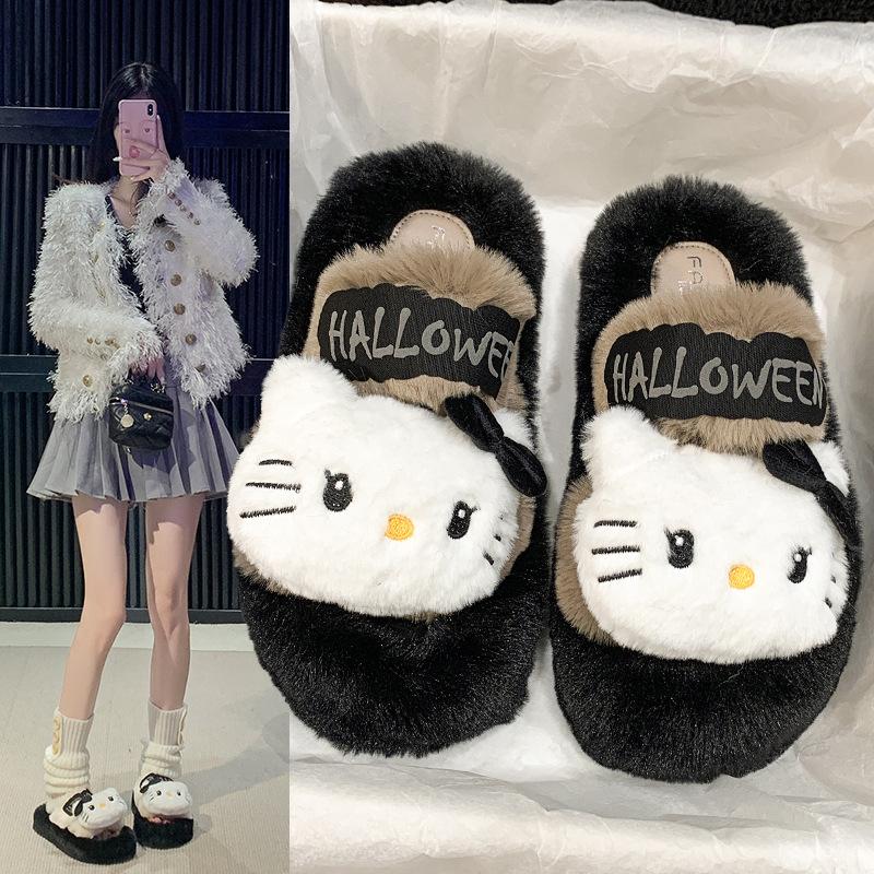 Hello Kitty Dép Nữ Lông Bông Xù Hình Mèo Siêu Đáng Yêu Tăng Chiều Cao 6cm Chống Trơn Trượt Mềm Mịn Quảng Châu Vải Canvas Có Quai Đế Bằng Dép Lê Giày Thể Thao Nữ Hot Trend 2025