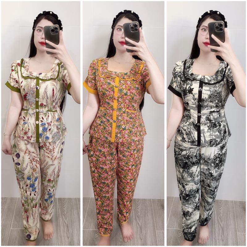 Đồ Bộ Nữ Mặc Nhà Áo Tay Ngắn Quần Dài Cổ Vuông Bèo Tay Nhúng Chất Vải Lụa Mango Mềm Mát