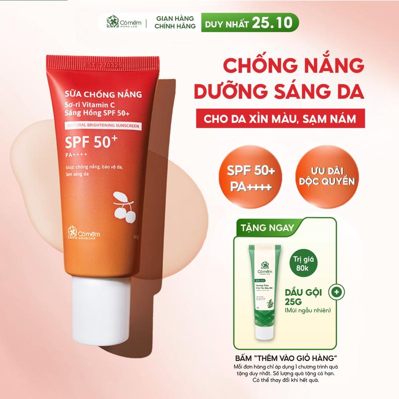 Sữa Chống Nắng Nâng Tone Dưỡng Sáng Da Sơ Ri Vitamin C SPF 50+ PA++++ Cỏ Mềm 60gr