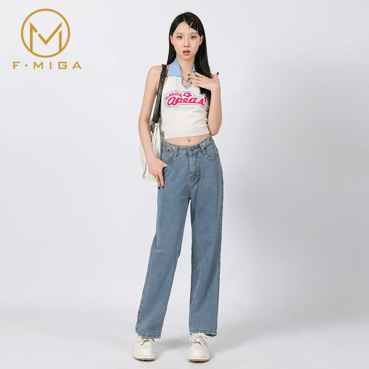 F·MIGA C6 Korean Style Highwaist Pinggang Tinggi Loose Panjang Modis Bagy Celana Jeans Wanita - Biru Muda