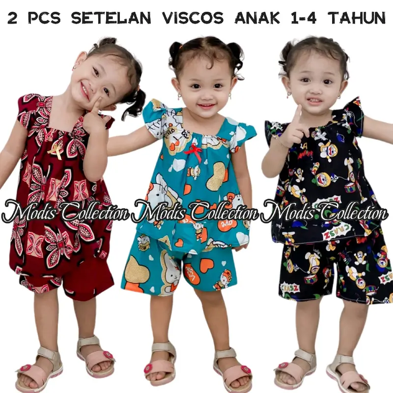 2 pcs Setelan Anak Viscose Premium Cewek Perempuan Usia 6 Bulan sampai 4 Tahun Atasan Lengan Pendek Kerah Leher U Neck Pita Dada Depan Bawahan Celana Lingkar Pinggang Karet Melingkar Panjang dibawah Lutut Bahan Tebal Nyaman Motif Kekinian Lucu Warna Warni 0