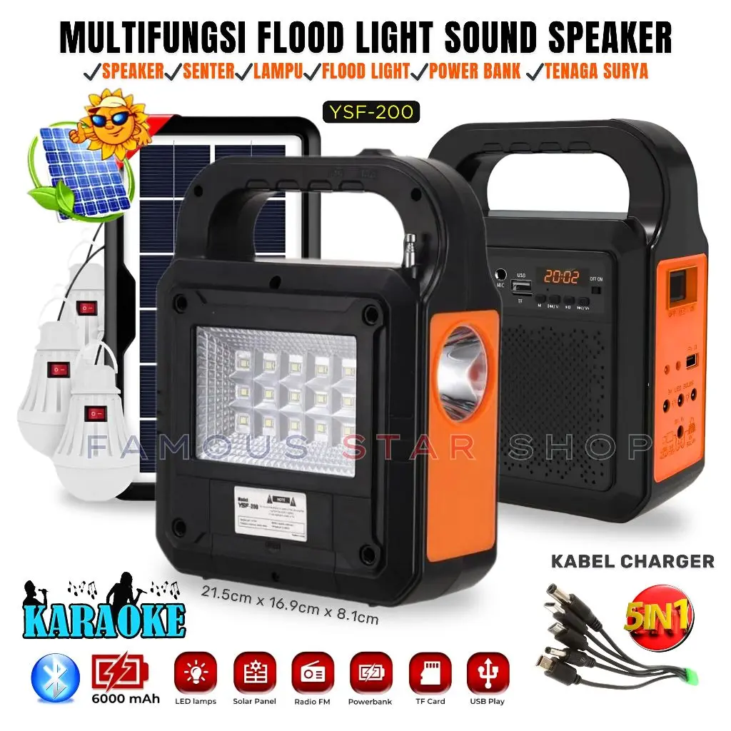 Solar Light Lampu Panel Surya + Speaker Bluetooth Radio Full Bass Bluetooth Karaoke Lampu Tenaga Surya Solar Panel LED YSF-200 Senter LED | Lampu Emergency | Lampu Bohlam | Power Bank | Speaker Bluetooth Radio USB TF Card AUX | Lampu Outdoor