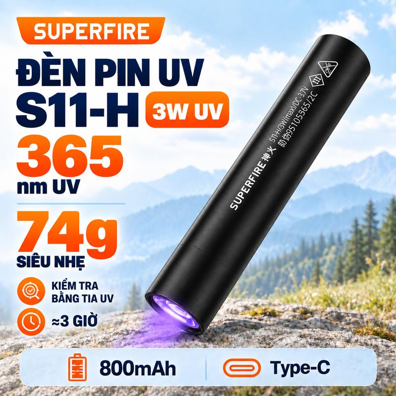 SUPERFIRE Đèn Pin UV S11-H 365nm, Bút LED Sạc Nhanh, Hợp Kim Nhôm, Phát Hiện Huỳnh Quang, Kiểm Tra Da Thú Cưng, Tìm Bọ Cạp, IP44, 800mAh, 3 Giờ