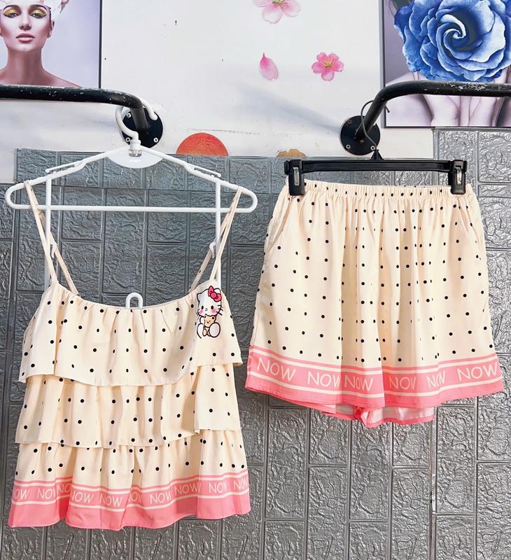 Bộ đồ ngủ đùi nữ áo 2 dây họa tiết thiết kế 3 tầng xinh xắn chất liệu lụa latin mịn mát freesize dưới 60kg My STORE 4