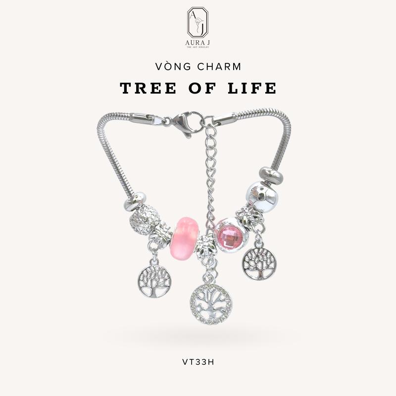   AURAJ  Vòng Tay Gắn Charm Tree Of Live Charm Cây Đời Cây Hạnh Phúc Và Bình An Bản Đá Hồng - VT33 Chất liệu hợp kim Titan Phụ Kiện Nam 