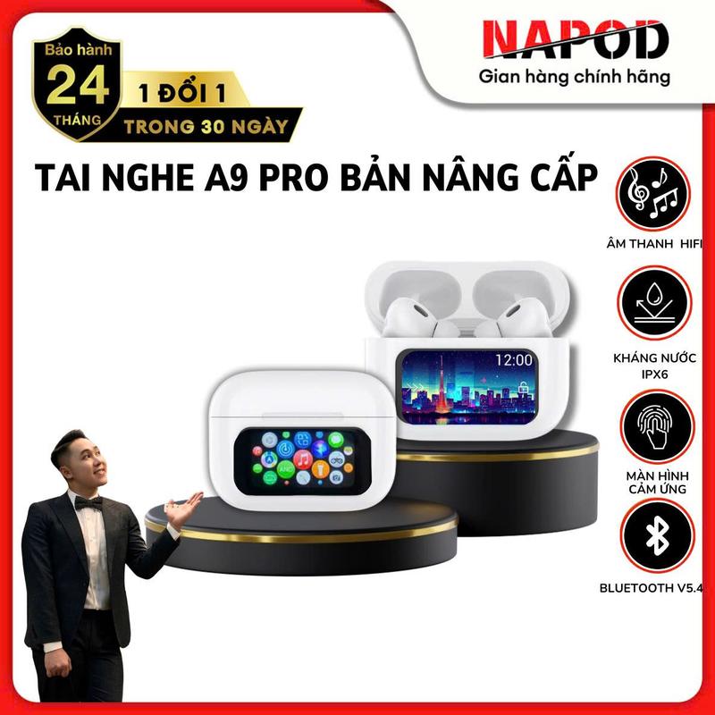 VINHBANHBO Tai nghe bluetooth bản nâng cấp 2025 A9 pro màn hình cảm ứng LCD ANC ENC bluetooth 5.4 phiên bản mới nhất