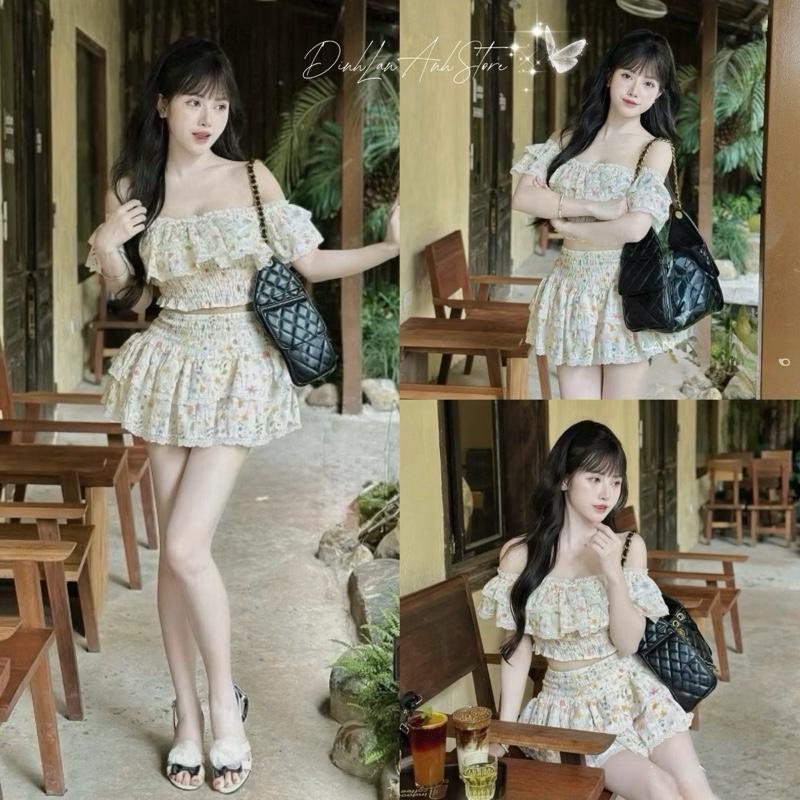 [TẶNG SUNCHIES CỘT TÓC] - SET ÁO TRỄ VAI NHÚN BÈO MIX CHÂN VÁY TẦNG PHỐI REN THIẾT KẾ TIỂU THƯ SIÊU XINH - DinhLanAnhStore