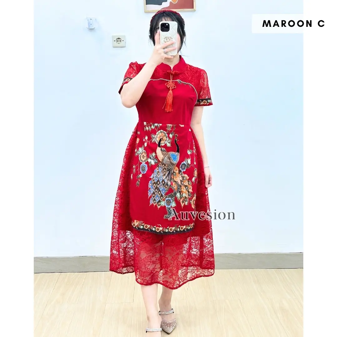 6288 Ailee Combi Brukat Katun Midi Dress Wanita Gaun Cheongsam CNY