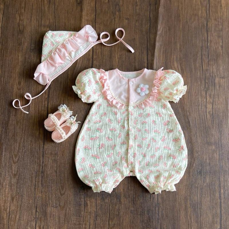 [NEW] Set Body Xô Hoa Hồng Tay Phồng Đính Hoa Len Kèm Mũ Cho Bé Gái 3-12kg