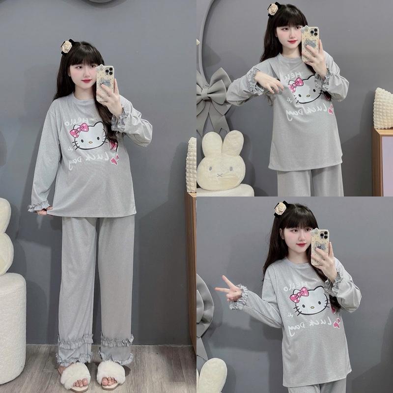 MẸ DỨA Bộ đồ bầu và sau sinh hình Hello Kitty chất tăm hàn có vạt vén ti và chun chỉnh Free size 40-70kg dành cho mẹ bầu