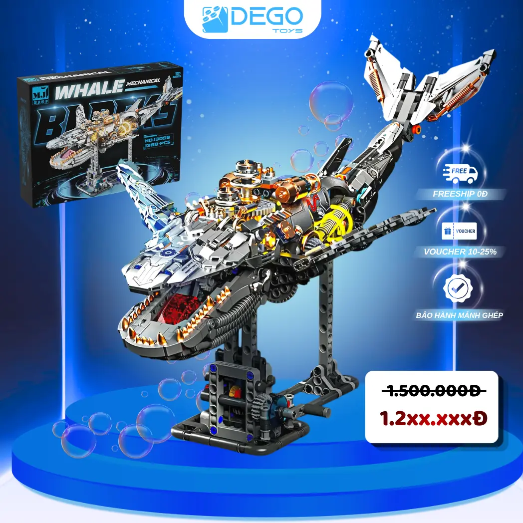 Mô hình lắp ráp Cá voi Cơ khi có led SKU 13059, Đồ chơi lắp ráp Cá voi cơ khí trưng bày DEGO Toys