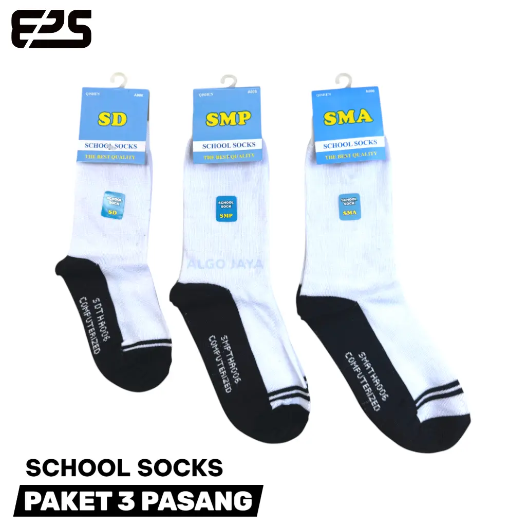 Eltwo, Paket 3 Pasang - Kaos Kaki Sekolah SD SMP SMA Putih Telapak Hitam - Bahan Katun Lembut