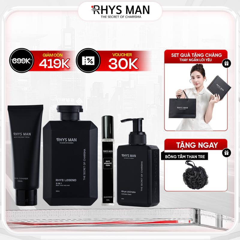 Combo Nam Tính dành cho nam giới RHYS MAN - Sữa tắm gội nam 3 in 1 350ml & Gel rửa mặt nam 100ml & Dung dịch vệ sinh nam 120ml & Nước hoa nam 10ml