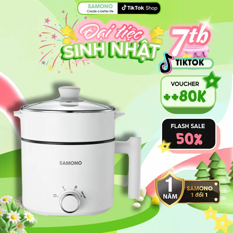 ( BH 1 năm) Samono Nồi Điện Đa Năng Hotpot 1,5L Kèm Xửng Hấp và Nắp Kính 150 Watt SW-DG04S Lòng hấp Inox 0