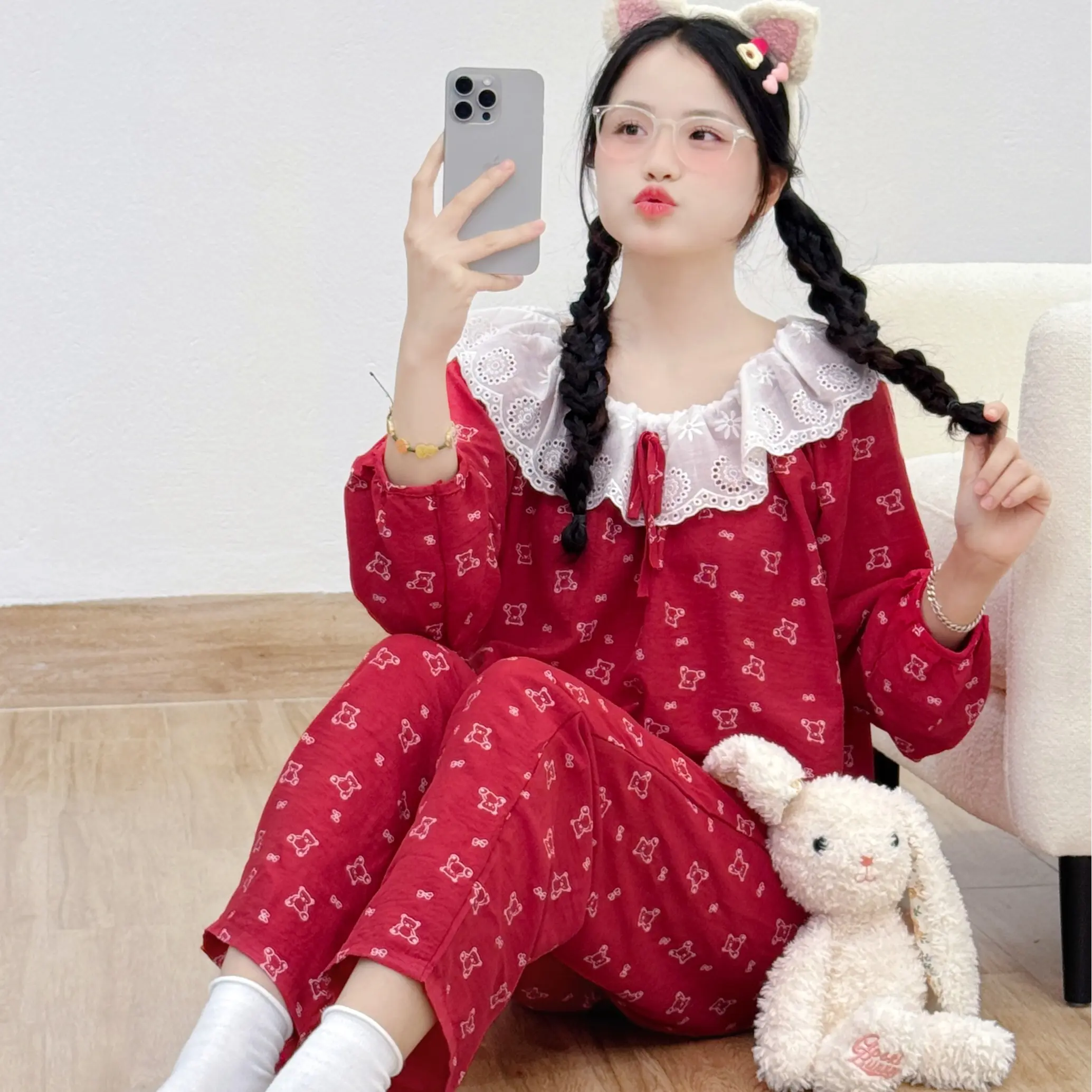 Bộ Đồ Ngủ Kẻ Caro Thắt Nơ Xinh Xắn Áo Tay Dài Quần Dài CÓ CẢ BIG SIZE Nhà Pink [ HÀNG CAO CẤP]