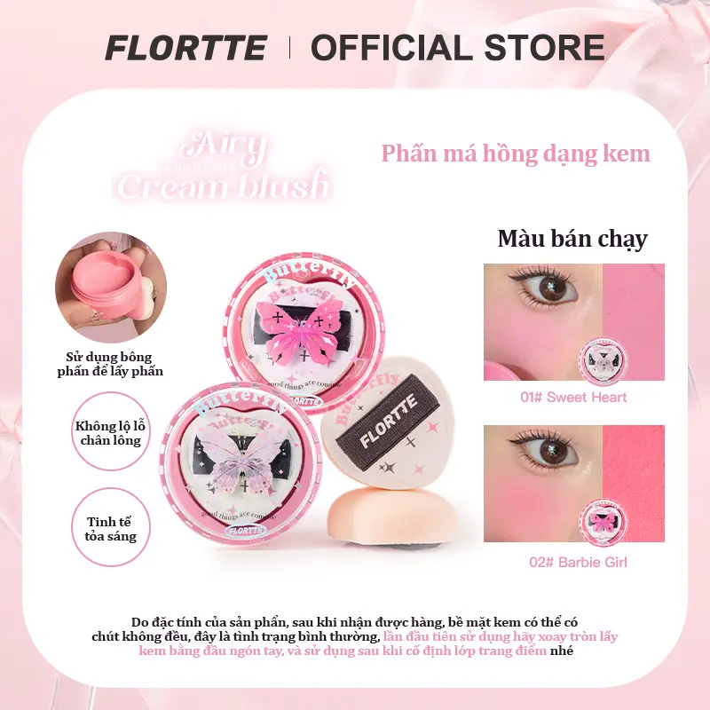 FLORTTE Phấn má hồng dạng kem---Thích hợp cho các chi tiết ở giữa gương mặt và dưới mắt, dạng sệt mềm và dính, sử dụng kèm bông phấn, màu sắc tự nhiên và trong trẻo, bao gồm 10 màu
