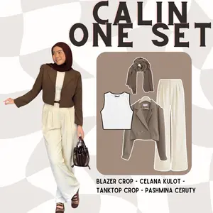 One Set Calin 4 In 1 Terbaru (Tanktop Crop, Blazer Crop, Celana Kulot Dan Hijab Pashmina Ceruty) Inspo OOTD Untuk Kuliah Atau Jalan-Jalan | Setelan Wanita Casual Feminim Modis -BZ42