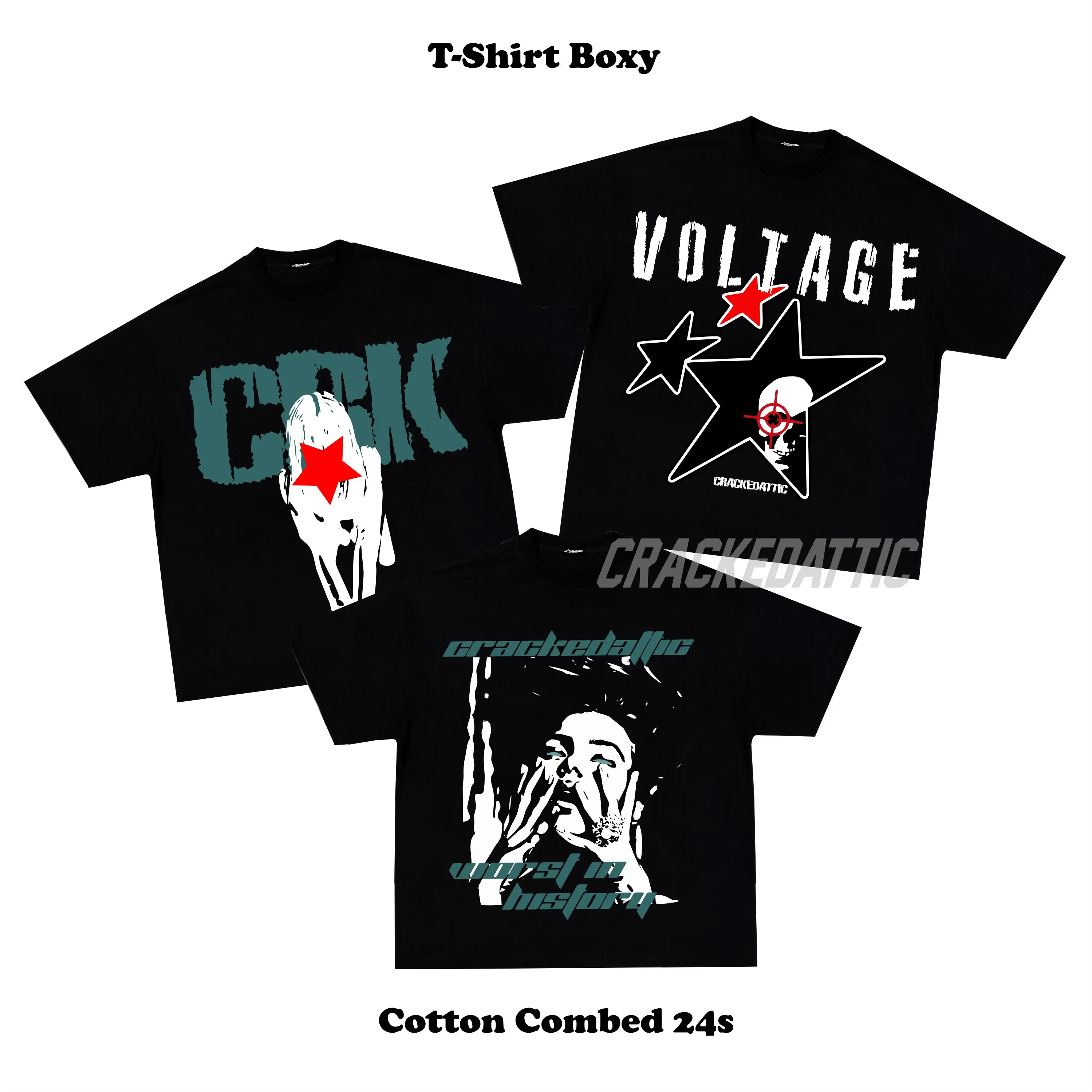 Baju Kaos Boxy fit Tee Oversize Crackedattic Cotton Combed 24s Unisex Pria Wanita Hitam