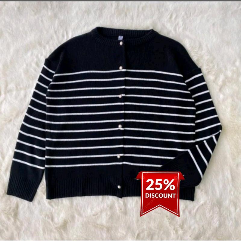 SWEATER RAJUT CARDIGAN KANCING MUTIARA cardigan stripe jumbo Nyaman Knitwear Wanita Outer 5