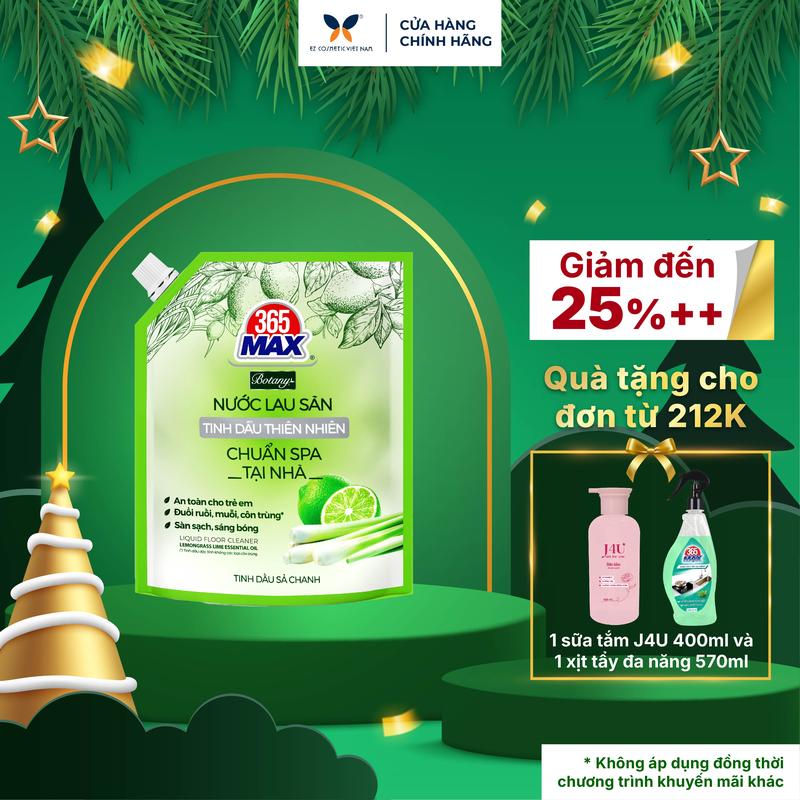  Túi Nước Lau Sàn 365 Max Botany Tinh Dầu Sả Chanh thiên nhiên túi 3.6Lít Làm sạch bóng sàn nhà ngăn côn trùng an toàn cho da trẻ em 