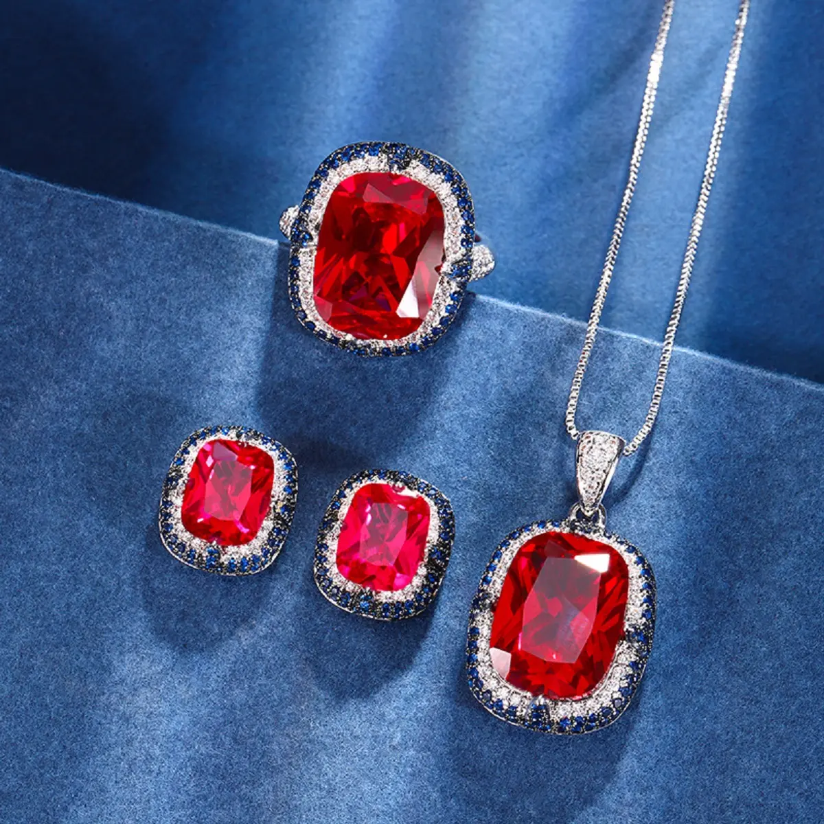Lux Co.Red corundum vintage necklace,earrings and ring set.