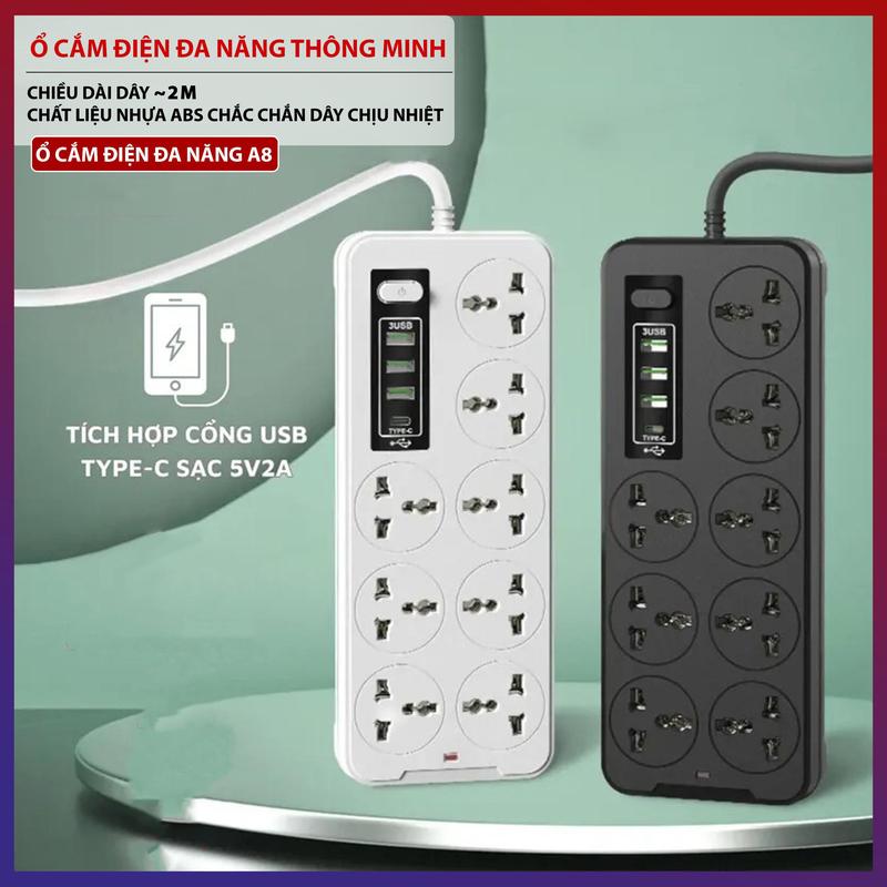 Ổ Cắm Điện Đa Năng Thông Minh Có Tích Hợp Cổng USB, Type-C Chịu Tải 2500W An Toàn Chịu Nhiệt