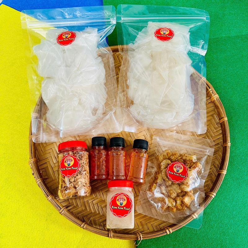 Combo MUỐI SẶC [Quà Tóp Mỡ] Bánh Tráng Phơi Sương Lá Vò KEMKEMFOOD Hành Phi +Sốt Tắc +Ớt Rim