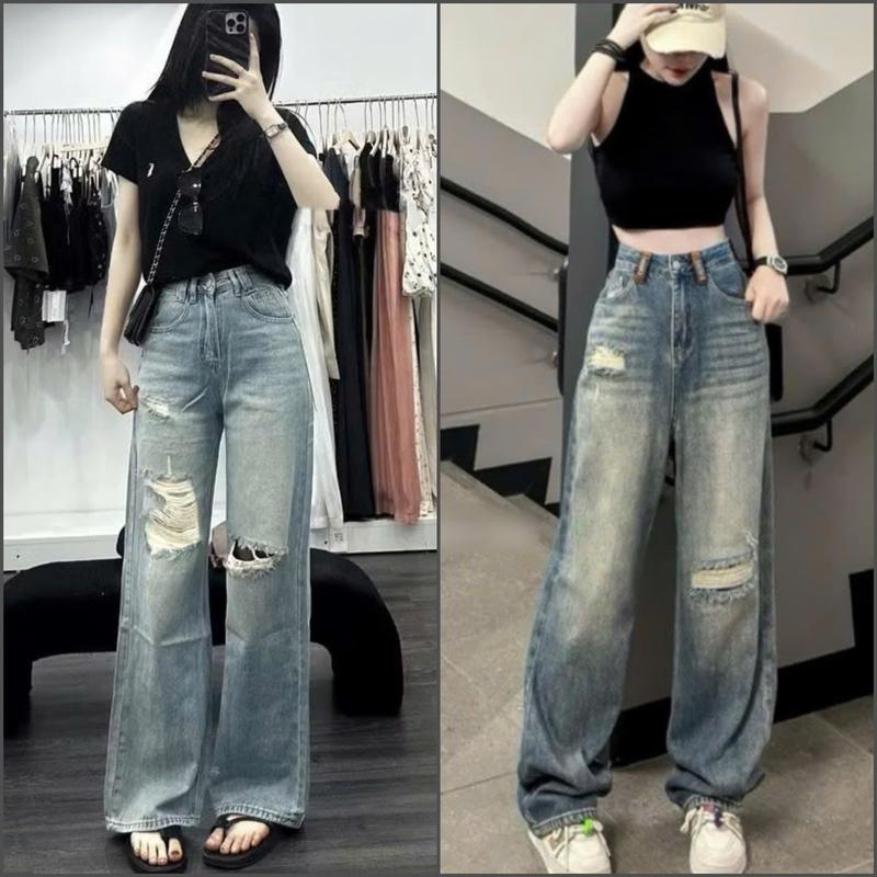 Quần Suông Jeans Nữ Ống Rộng Rách 2 Bên Màu Xanh Chàm Cạp Cao Women Pants