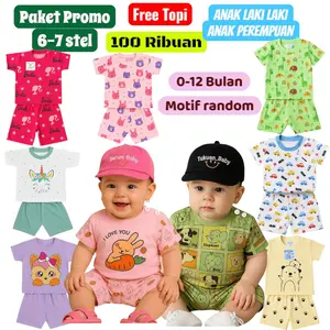 FREE TOPI ( ISI 6 - 7 STEL ) BAJU BAYI 0-12 BULAN MIX MOTIF Parsel Bayi Bunda Cewe Cowo