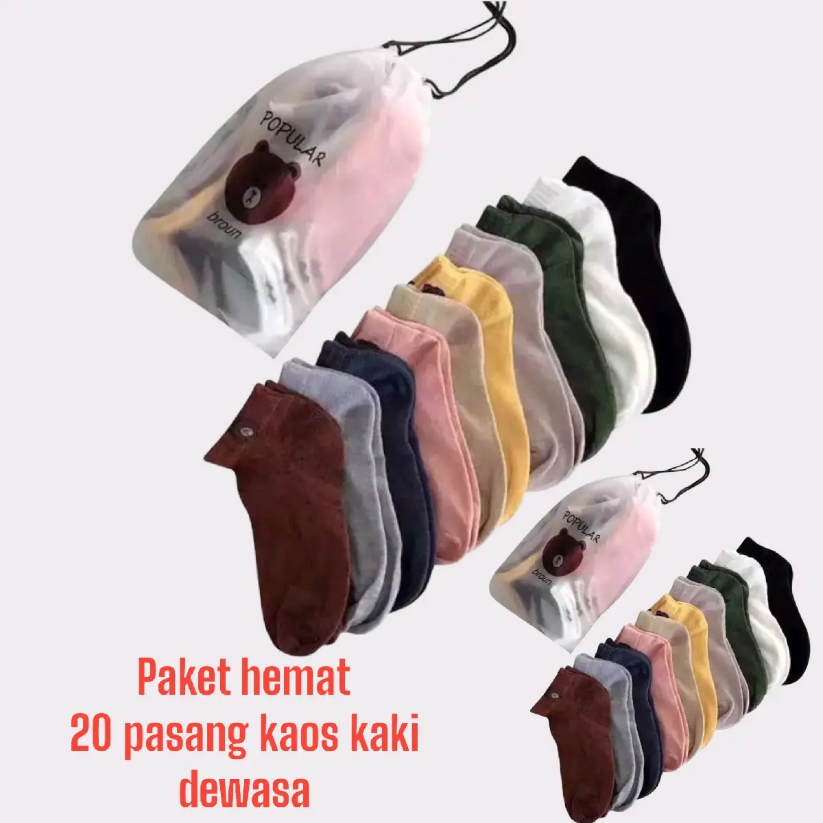Paket Hemat 20 Pasang Kaos Kaki Beruang Pendek Semata Kaki untuk Wanita Dewasa dengan Pouch Gratis