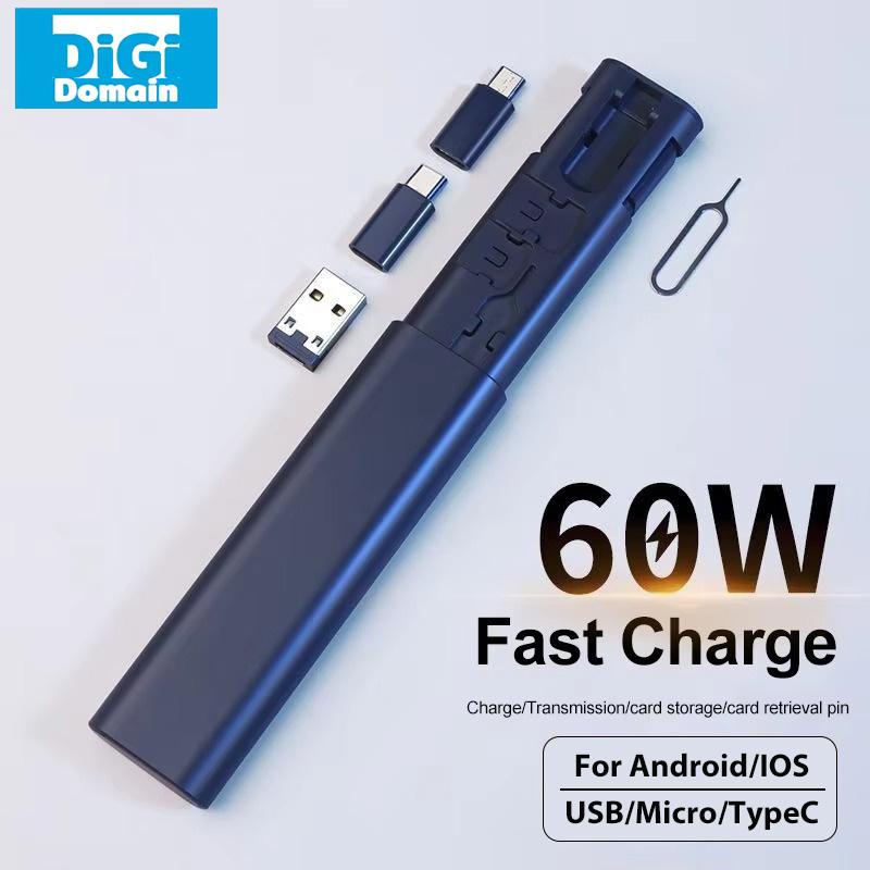 Digi 60W PD 27W Bộ Cáp sạc Type-C đa chức năng, Bộ sạc nhanh , Cáp dữ liệu ẩn Tương thích với iPhone, Vivo, Oppo, Redmi, Samsung, Xiaomi, Bộ Bộ Chuyển Đổi Poco, Hộp lưu trữ chốt thẻ, Phụ kiện không bao gồm Thẻ SIM Usb Mirco-usb Type-C Lightning