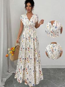 Vestido largo sin mangas con cuello en V floral para mujer, corto a la cintura, estilo elegante, perfecto para uso casual, diseño cómodo y estiloso