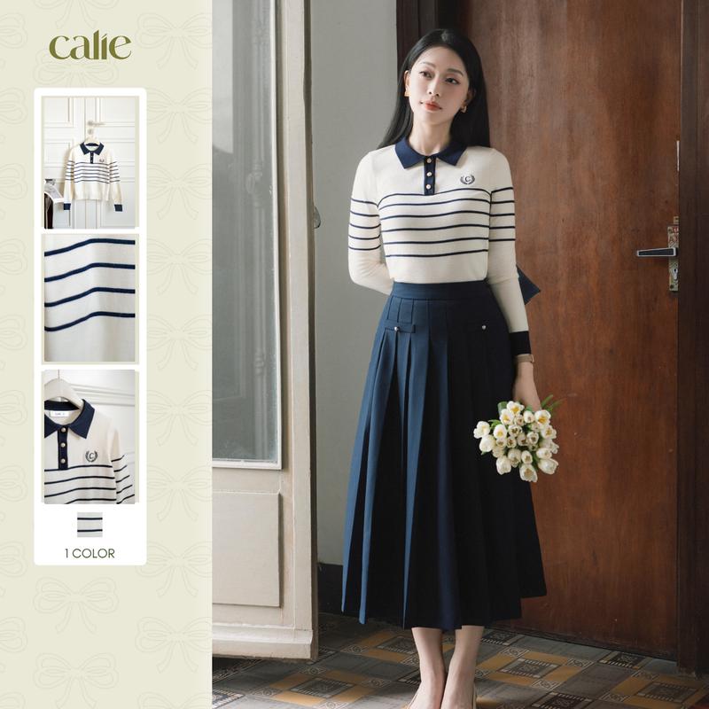   HNLV   Tách lẻ  Áo polo dệt kim sọc ngang dài tay thiết kế thời trang bởi Calie AF188 kết hợp váy CX096 