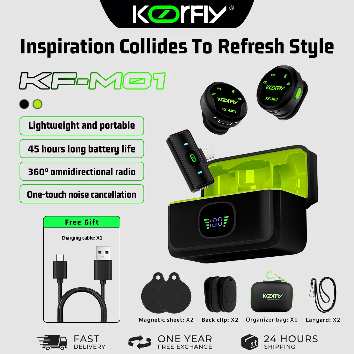 Koorfly KF-M01 Wireless Lavalier Microphone 45H Battery Life, Noise-Cancelling Real-Time Feedback Suitable For Vlog Live Streming Record Video Eat Video Audio Button Power