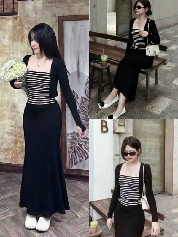 SM - Set bộ 3 món áo ống kẻ sọc kèm chân váy đuôi cá phối áo khoác tay dài xinh xắn - Thun gân lạnh set bộ set chân váy set bộ nữ set đi biển