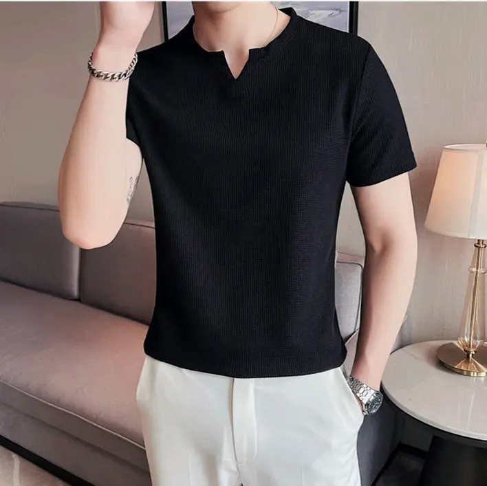 kaos V Neck waffle pria Terlaris / Kaos V Neck waffle pria Lengan pendek / baju Kaos V Neck waffle pria Terbaru / Kaos Waffle pria premium / Kaos knit waffle 2