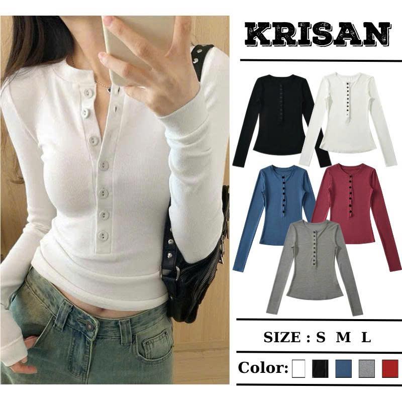Áo Thun Tay Dài Nút Gài Trơn Basic Dáng Dài Ôm Body Áo Kiểu Thun Nữ Tay Dài Kiểu Đơn Giản KRISAN