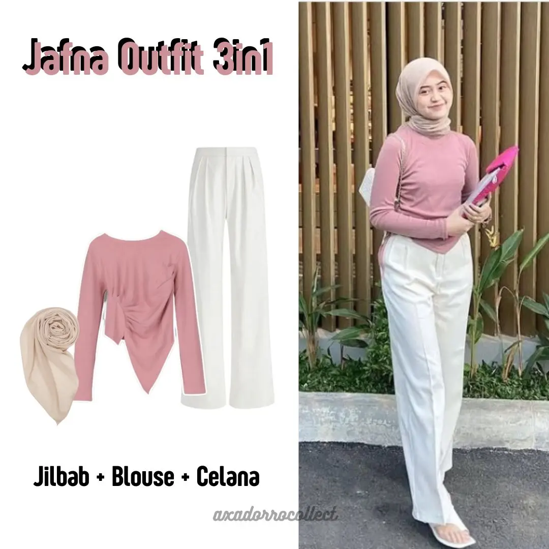 3in1 Jafna Outfit kekinian (Blouse Kerut, Celana Knit, Jilbab) OOTD Korea Hangout Kampus